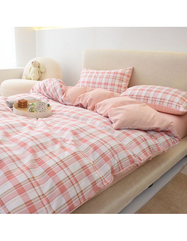 Japanese non printing feng shui cotton four piece set, active printing and dyeing thickened brushed bed sheet, student dormitory three piece set