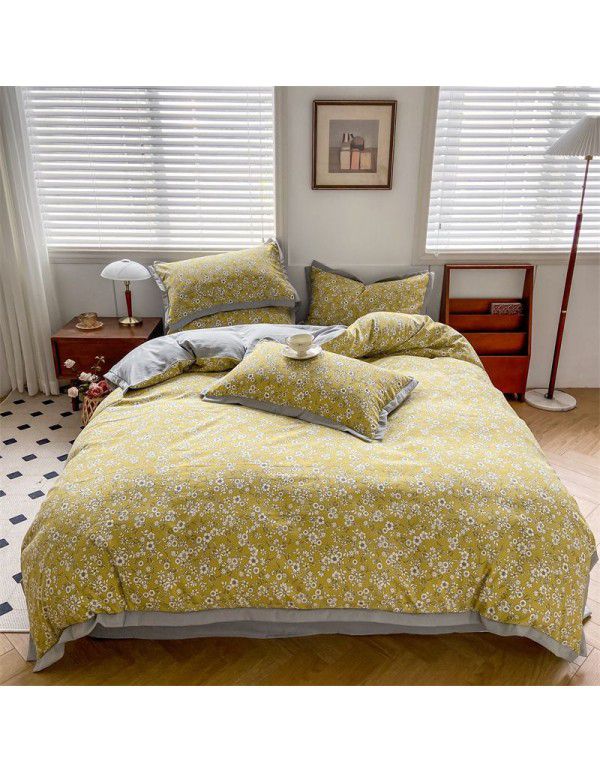 New Autumn and Winter Pure Class A Washed Cotton and Hemp 4-Piece Double Layer Yarn Cotton Small Fresh Quilt Cover Flat Sheet Live Broadcast Hot Sale