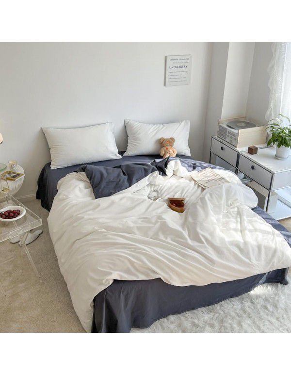 Japanese simple cotton double piece washable cotton four piece set solid color Nordic style cotton quilt cover bed sheet and fitted sheet