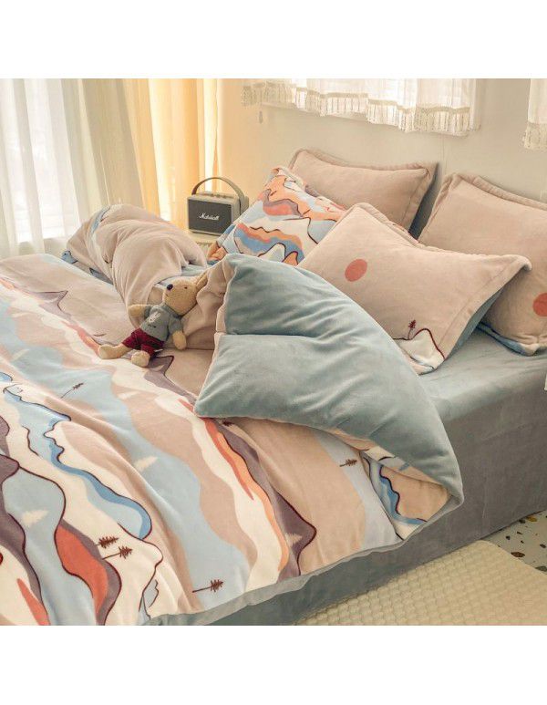 Autumn and winter thickened milk velvet bed four piece set, double-sided plush warm coral velvet bed sheet and quilt cover, three piece set wholesale