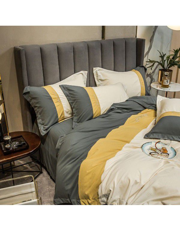 spring and autumn simple solid color washed cotton four piece set color contrast splicing household fitted sheet 1.8m dormitory supplies wholesale