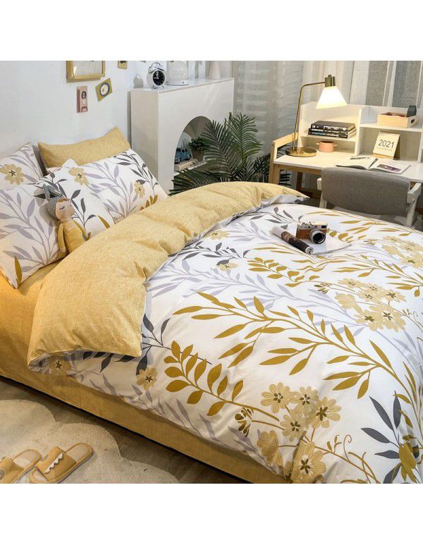 Four piece set in bed, all cotton Nordic style four piece set, 100 cotton spring and autumn bed sheet, fitted sheet, single dormitory set