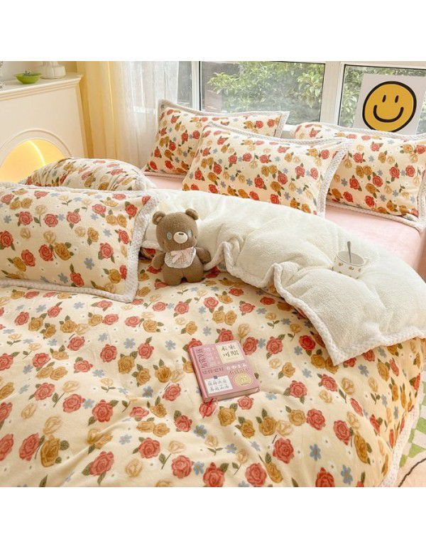 Ins Winter Milk Wool 4-Piece Rabbit Wool Quilt Cover Sheet Pastoral Warm Upset Double Sided Wool Bedding 4