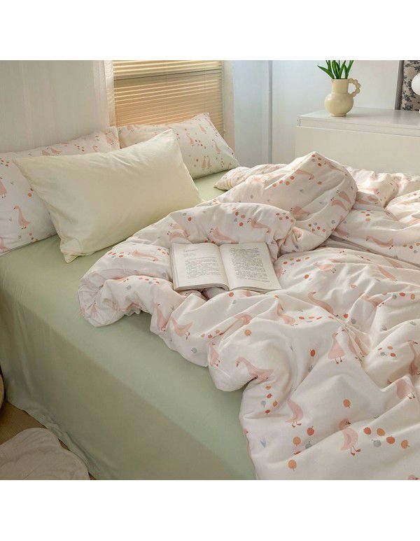 Ins style pure cotton four piece set, all cotton cartoon small fresh bed sheet, fitted sheet, quilt cover, nude sleep, color contrast