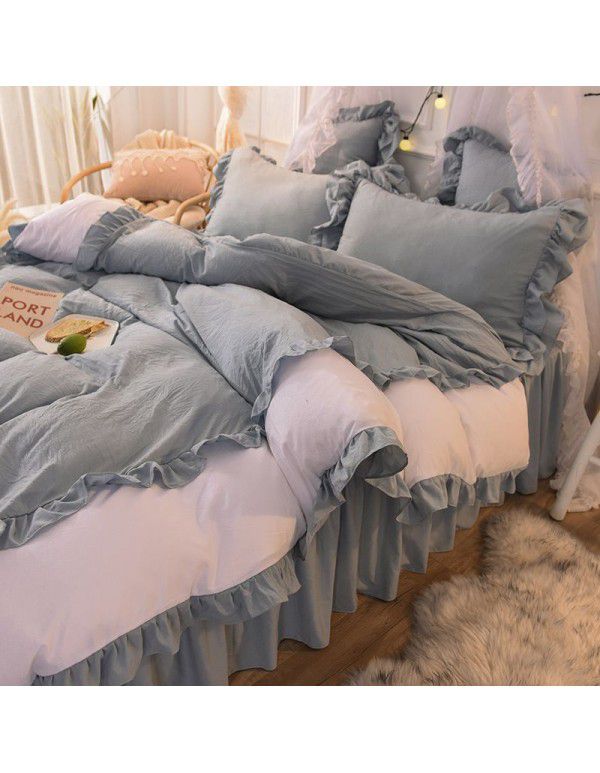 Ins girl's heart wash cotton bed skirt four piece princess style bed sheet quilt cover three piece 1.5/1.8m bed 