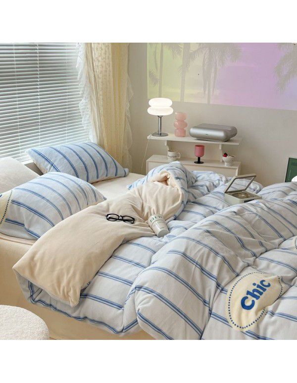Ins fresh tulip milk velvet four piece set floral coral velvet bed sheet winter thickened quilt cover warm bed