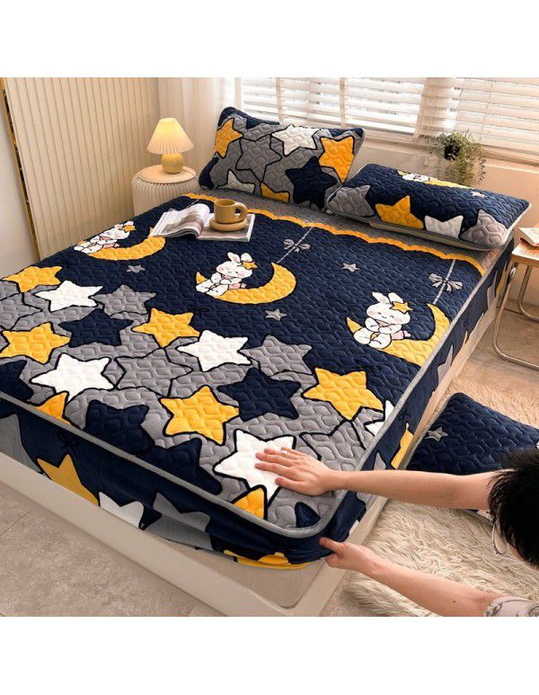 New Milk Down Fitted Sheet One Piece Winter Flange Coral Down Thickened Cotton Fitted Sheet Stuffed Anti slip Protection Mattress
