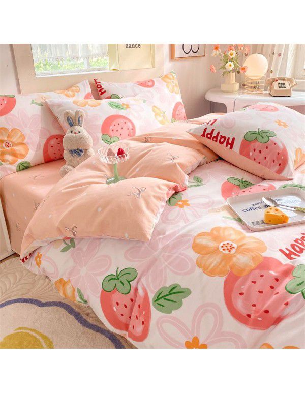 Mengjiuran 60 Thread Count Small Fresh Cotton 4-Piece Set Autumn and Winter Cotton 3-Piece Dormitory Flat Sheet Quilt Cover Fitted Sheet
