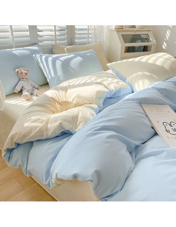Ins style simple bedding cream style kit nude sleeping water washing cotton sheet quilt cover student dormitory four piece set