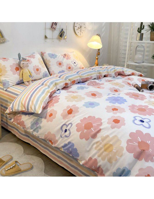 Four piece set in bed, all cotton Nordic style four piece set, 100 cotton spring and autumn bed sheet, fitted sheet, single dormitory set
