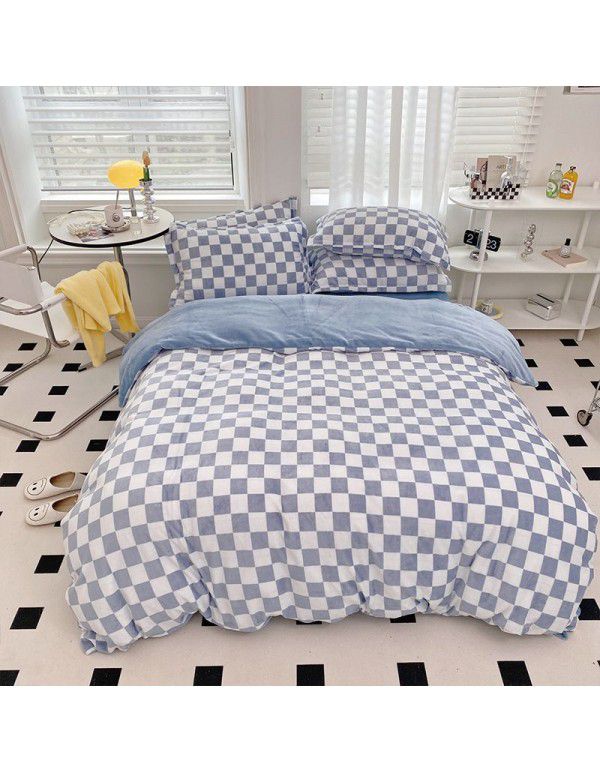Milk velvet four piece set checkerboard thickened warm bed sheet Fitted sheet Bedding set One piece wholesale