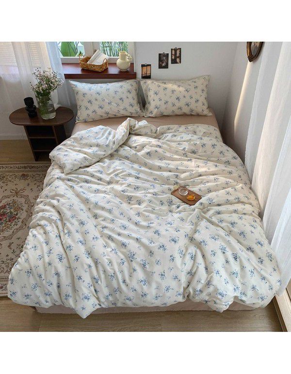 Nantong Xiaoqingxin Floral Four piece Set 100% Cotton Bedding Sheet and Quilt Cover Dormitory Three piece Nude Sleeping Set