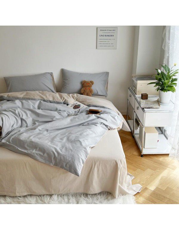 Japanese simple cotton double piece washable cotton four piece set solid color Nordic style cotton quilt cover bed sheet and fitted sheet