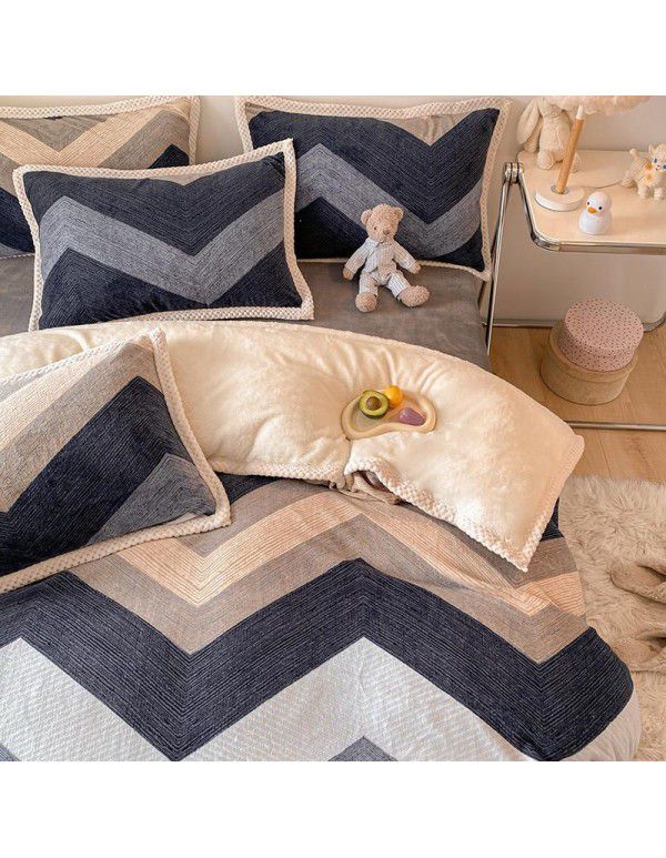 Ins Winter Milk Wool 4-Piece Rabbit Wool Quilt Cover Sheet Pastoral Warm Upset Double Sided Wool Bedding 4