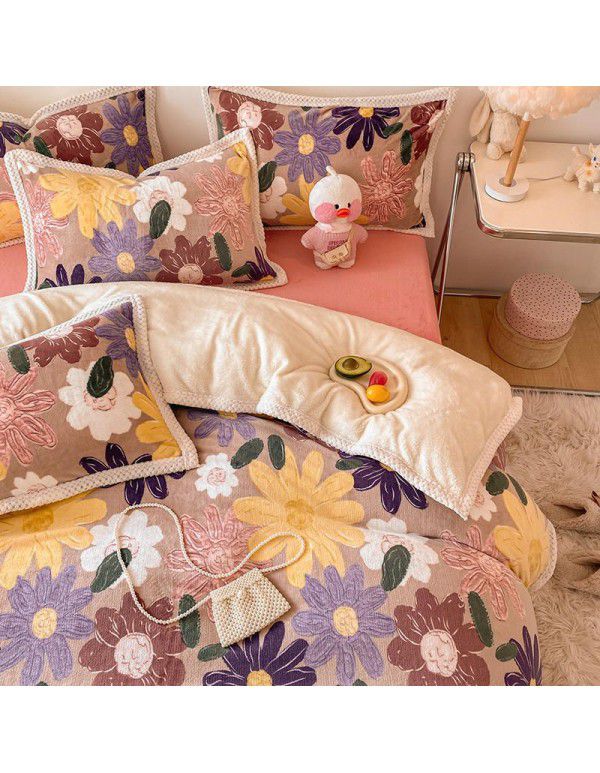 Ins Winter Milk Wool 4-Piece Rabbit Wool Quilt Cover Sheet Pastoral Warm Upset Double Sided Wool Bedding 4