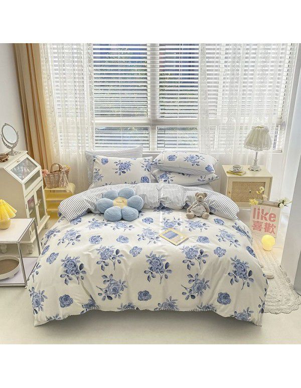 Nantong Xiaoqingxin Floral Four piece Set 100% Cotton Bedding Sheet and Quilt Cover Dormitory Three piece Nude Sleeping Set