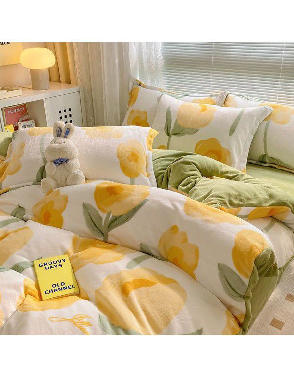 Autumn and winter thickened milk velvet bed four piece set, double-sided plush warm coral velvet bed sheet and quilt cover, three piece set wholesale