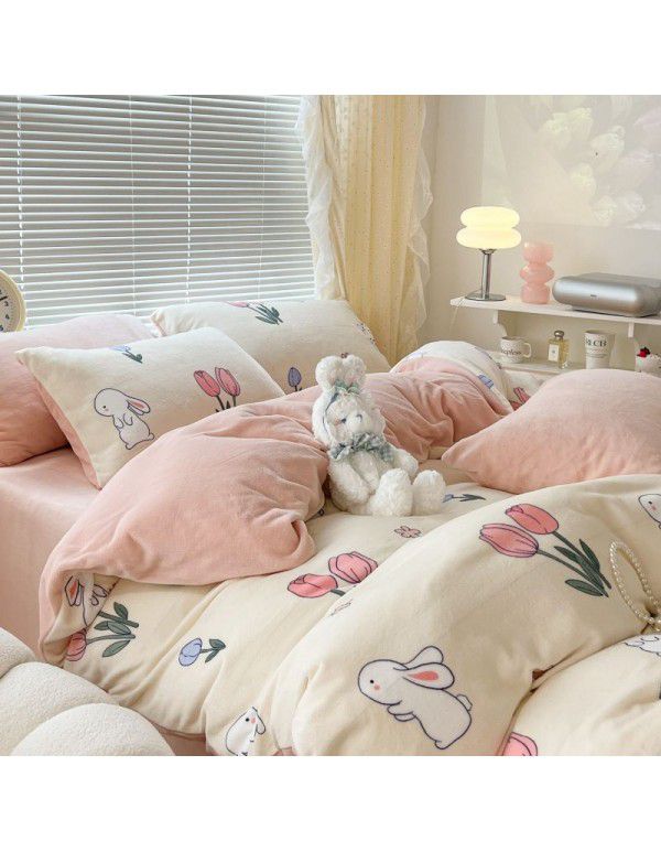 Ins fresh tulip milk velvet four piece set floral coral velvet bed sheet winter thickened quilt cover warm bed