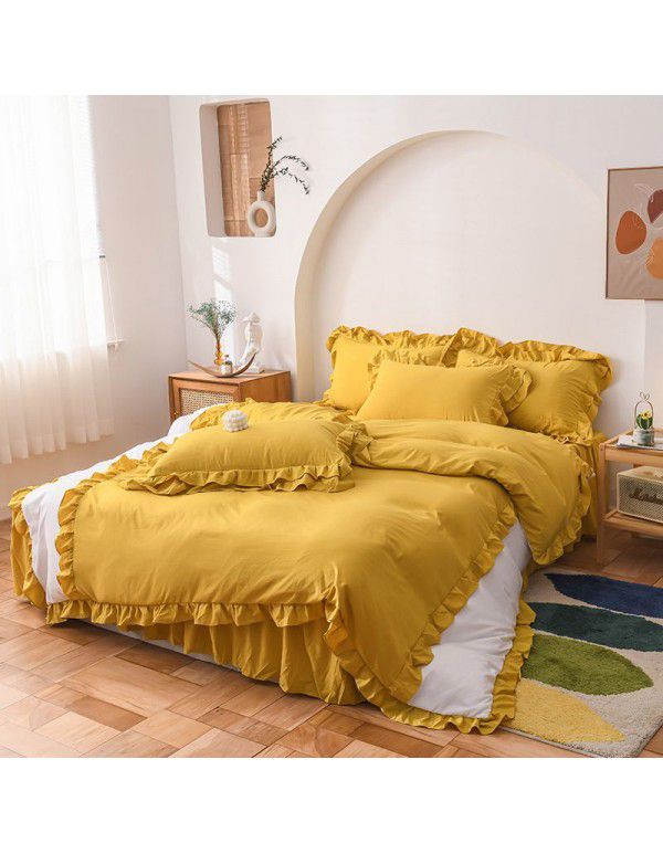 Ins girl's heart wash cotton bed skirt four piece princess style bed sheet quilt cover three piece 1.5/1.8m bed 