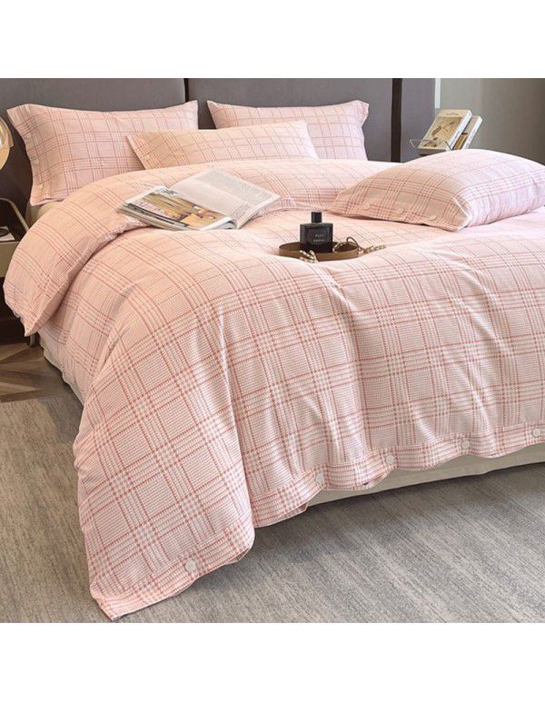 Good thick brushed 4-piece set of all cotton pure cotton simple stripes in autumn and winter