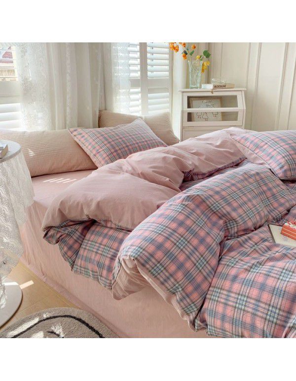 Cotton Yarn dyed Washed Cotton Four Piece Set Pure Cotton Printless Manufacturer Direct Sales Bedding, Quilt Cover, Japanese Style Good Fitted Sheet Wholesale