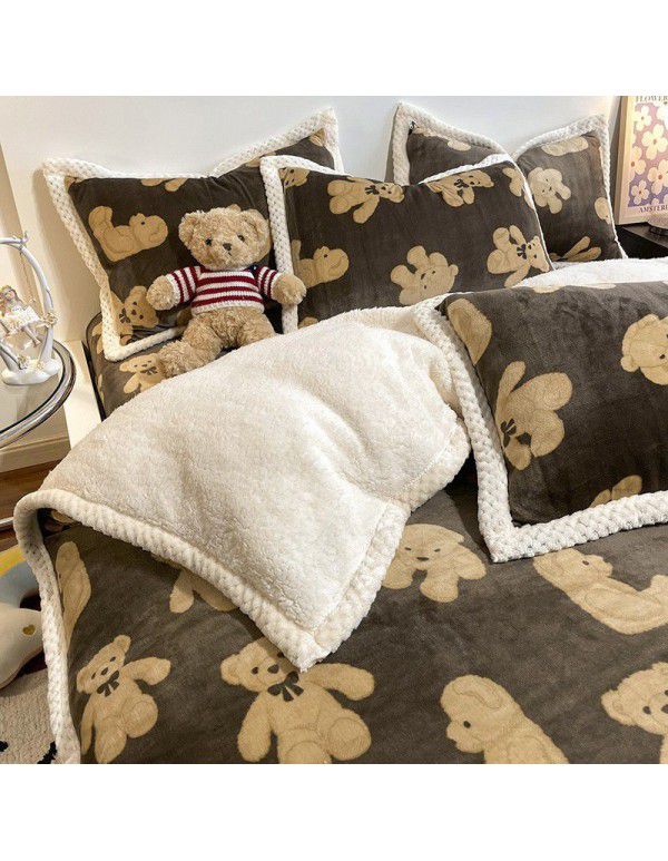 Thickened Milk Cashmere Bed 4-Piece Lamb Cashmere Checker Quilt Cover Winter Coral Cashmere Bedding Piece 3-Piece Men's Sheet Set