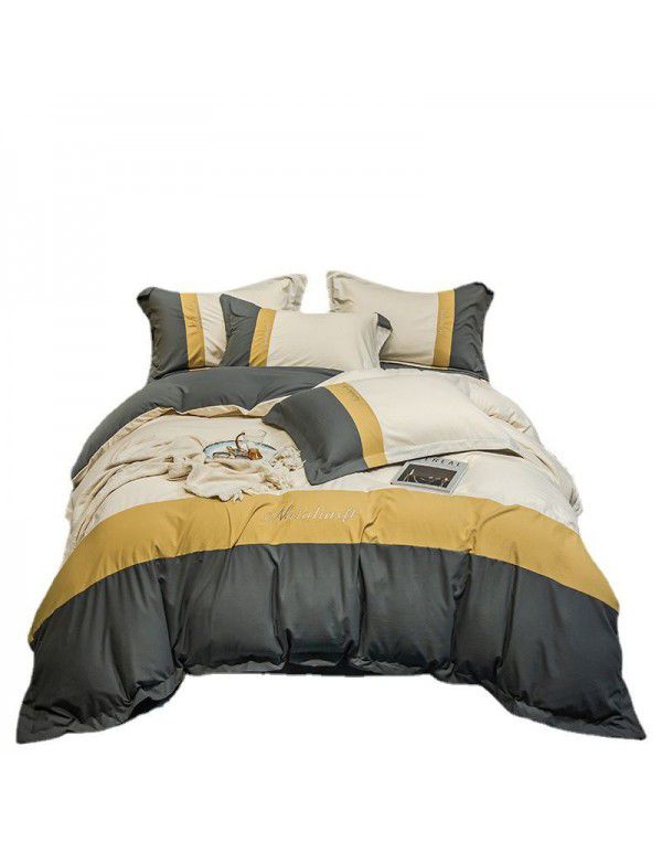 spring and autumn simple solid color washed cotton four piece set color contrast splicing household fitted sheet 1.8m dormitory supplies wholesale