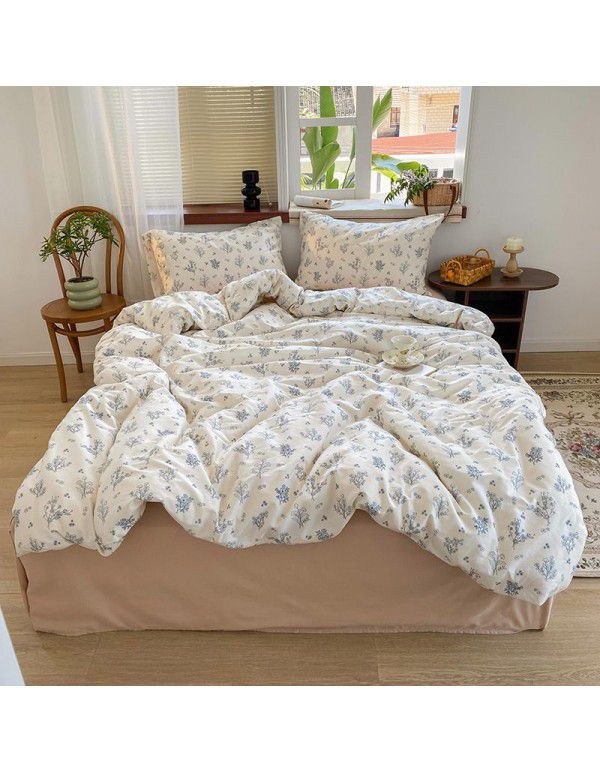 Nantong Xiaoqingxin Floral Four piece Set 100% Cotton Bedding Sheet and Quilt Cover Dormitory Three piece Nude Sleeping Set
