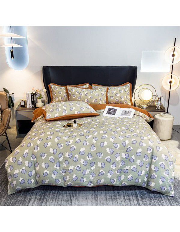New Autumn and Winter Pure Class A Washed Cotton and Hemp 4-Piece Double Layer Yarn Cotton Small Fresh Quilt Cover Flat Sheet Live Broadcast Hot Sale