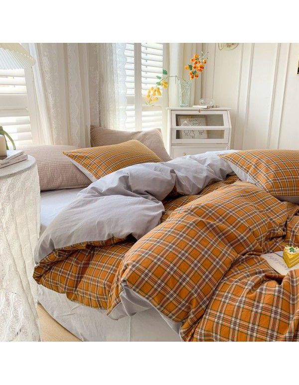 Cotton Yarn dyed Washed Cotton Four Piece Set Pure Cotton Printless Manufacturer Direct Sales Bedding, Quilt Cover, Japanese Style Good Fitted Sheet Wholesale