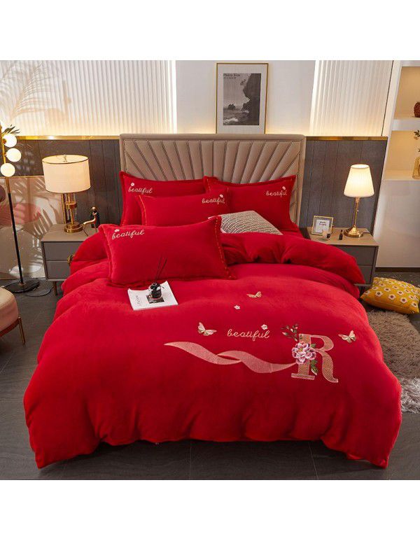 Autumn and winter thickened milk velvet four piece set, flower embroidery flannel quilt cover, bed sheet, bedding set, wholesale
