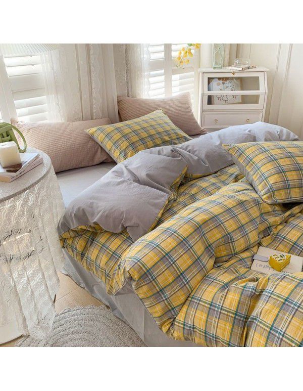 Cotton Yarn dyed Washed Cotton Four Piece Set Pure Cotton Printless Manufacturer Direct Sales Bedding, Quilt Cover, Japanese Style Good Fitted Sheet Wholesale