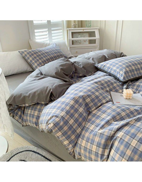 Cotton Yarn dyed Washed Cotton Four Piece Set Pure Cotton Printless Manufacturer Direct Sales Bedding, Quilt Cover, Japanese Style Good Fitted Sheet Wholesale