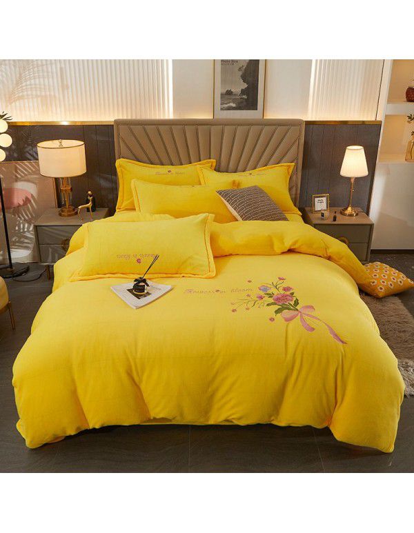 Autumn and winter thickened milk velvet four piece set, flower embroidery flannel quilt cover, bed sheet, bedding set, wholesale