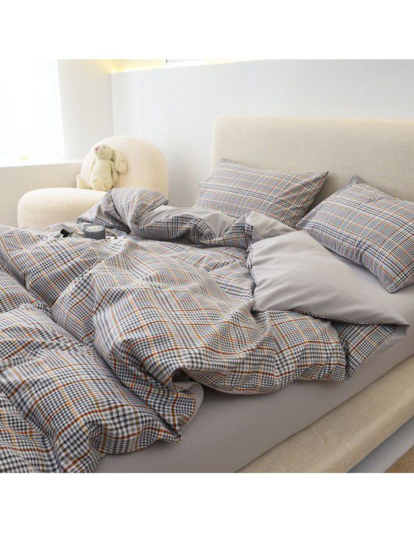 Japanese non printing feng shui cotton four piece set, active printing and dyeing thickened brushed bed sheet, student dormitory three piece set
