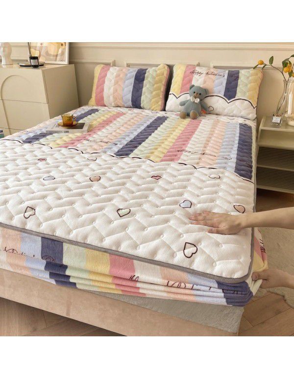 Autumn and winter new class A milk velvet fitted sheet, soybean antibacterial cotton clip thickened bedspread, Farai velvet warm protective cover