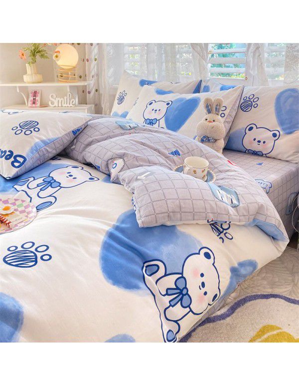Mengjiuran 60 Thread Count Small Fresh Cotton 4-Piece Set Autumn and Winter Cotton 3-Piece Dormitory Flat Sheet Quilt Cover Fitted Sheet