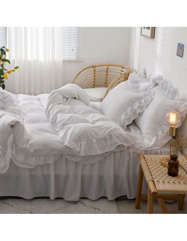 Ins girl's heart wash cotton bed skirt four piece princess style bed sheet quilt cover three piece 1.5/1.8m bed 