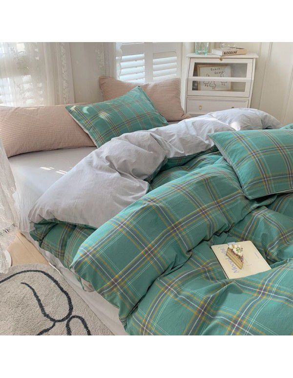 Cotton Yarn dyed Washed Cotton Four Piece Set Pure Cotton Printless Manufacturer Direct Sales Bedding, Quilt Cover, Japanese Style Good Fitted Sheet Wholesale