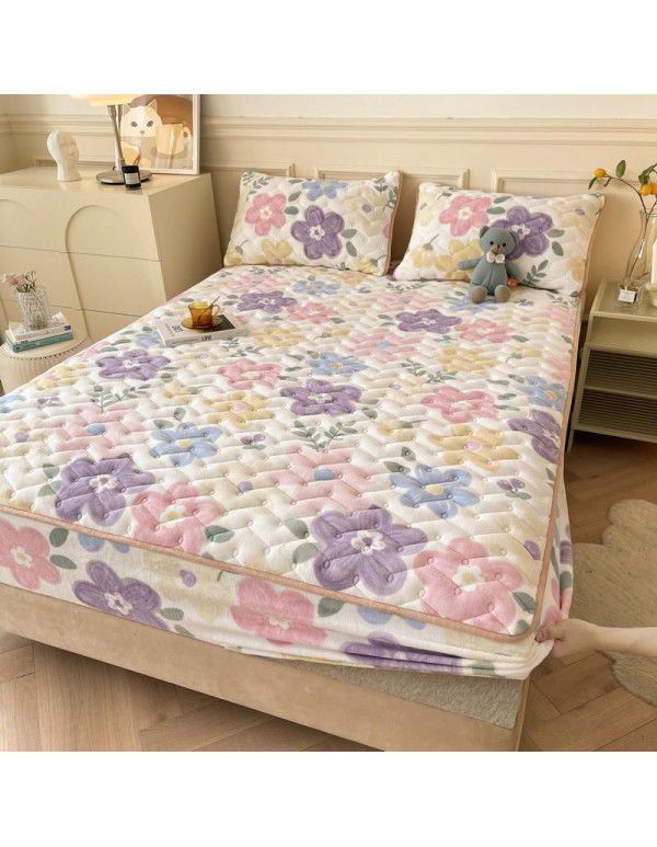 Autumn and winter new class A milk velvet fitted sheet, soybean antibacterial cotton clip thickened bedspread, Farai velvet warm protective cover