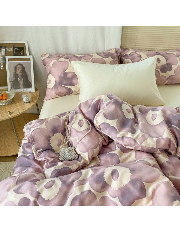 Ins style pure cotton four piece set, all cotton cartoon small fresh bed sheet, fitted sheet, quilt cover, nude sleep, color contrast