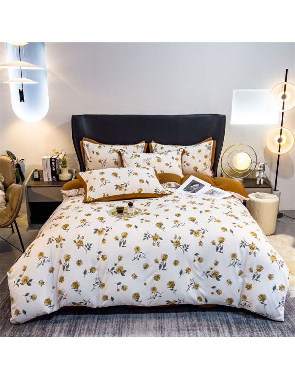 New Autumn and Winter Pure Class A Washed Cotton and Hemp 4-Piece Double Layer Yarn Cotton Small Fresh Quilt Cover Flat Sheet Live Broadcast Hot Sale