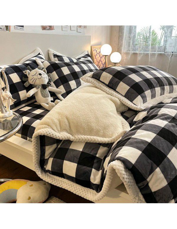 Thickened Milk Cashmere Bed 4-Piece Lamb Cashmere Checker Quilt Cover Winter Coral Cashmere Bedding Piece 3-Piece Men's Sheet Set