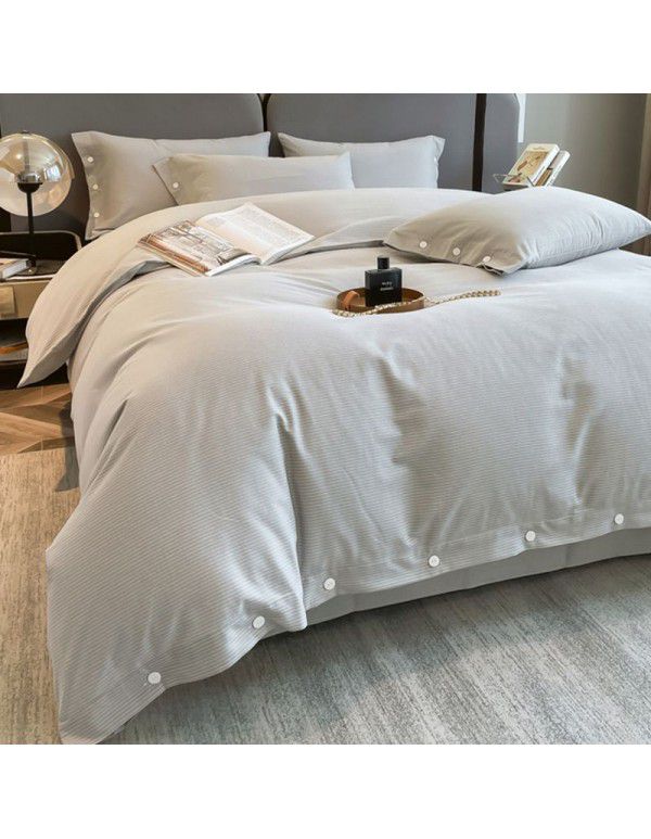 Good thick brushed 4-piece set of all cotton pure cotton simple stripes in autumn and winter