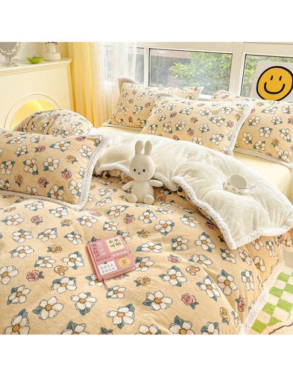 Ins Winter Milk Wool 4-Piece Rabbit Wool Quilt Cover Sheet Pastoral Warm Upset Double Sided Wool Bedding 4