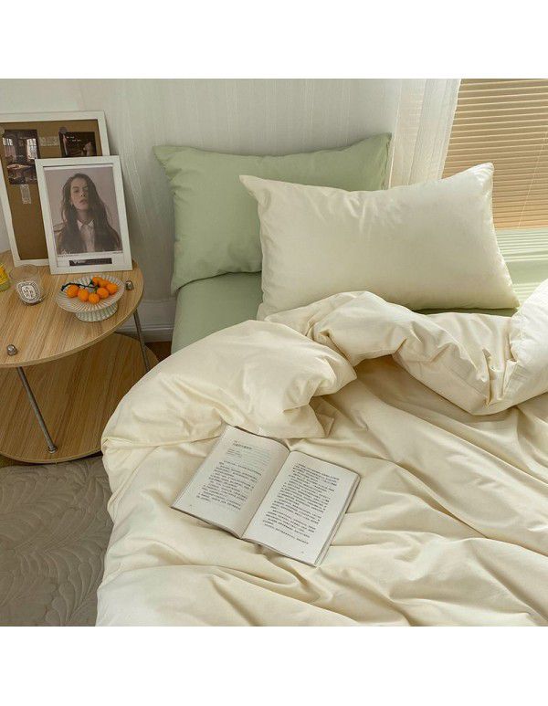Ins style pure cotton four piece set, all cotton cartoon small fresh bed sheet, fitted sheet, quilt cover, nude sleep, color contrast