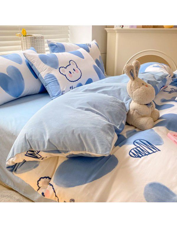 Winter A pure cotton B milk velvet bedding 4-piece set thickened cotton coral velvet quilt cover flange flannel bedspread