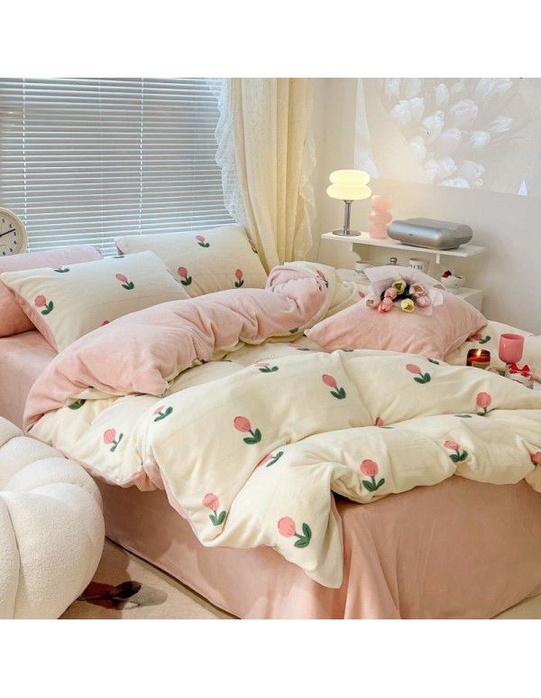 Ins fresh tulip milk velvet four piece set floral coral velvet bed sheet winter thickened quilt cover warm bed