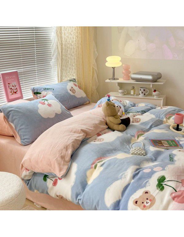 Ins fresh tulip milk velvet four piece set floral coral velvet bed sheet winter thickened quilt cover warm bed