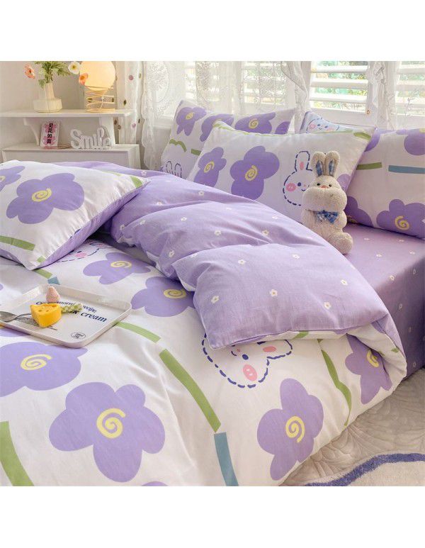 Mengjiuran 60 Thread Count Small Fresh Cotton 4-Piece Set Autumn and Winter Cotton 3-Piece Dormitory Flat Sheet Quilt Cover Fitted Sheet